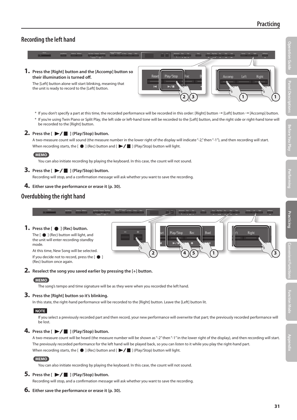 Practicing recording the left hand 1, Overdubbing the right hand 1 | Roland DP90 User Manual | Page 31 / 64