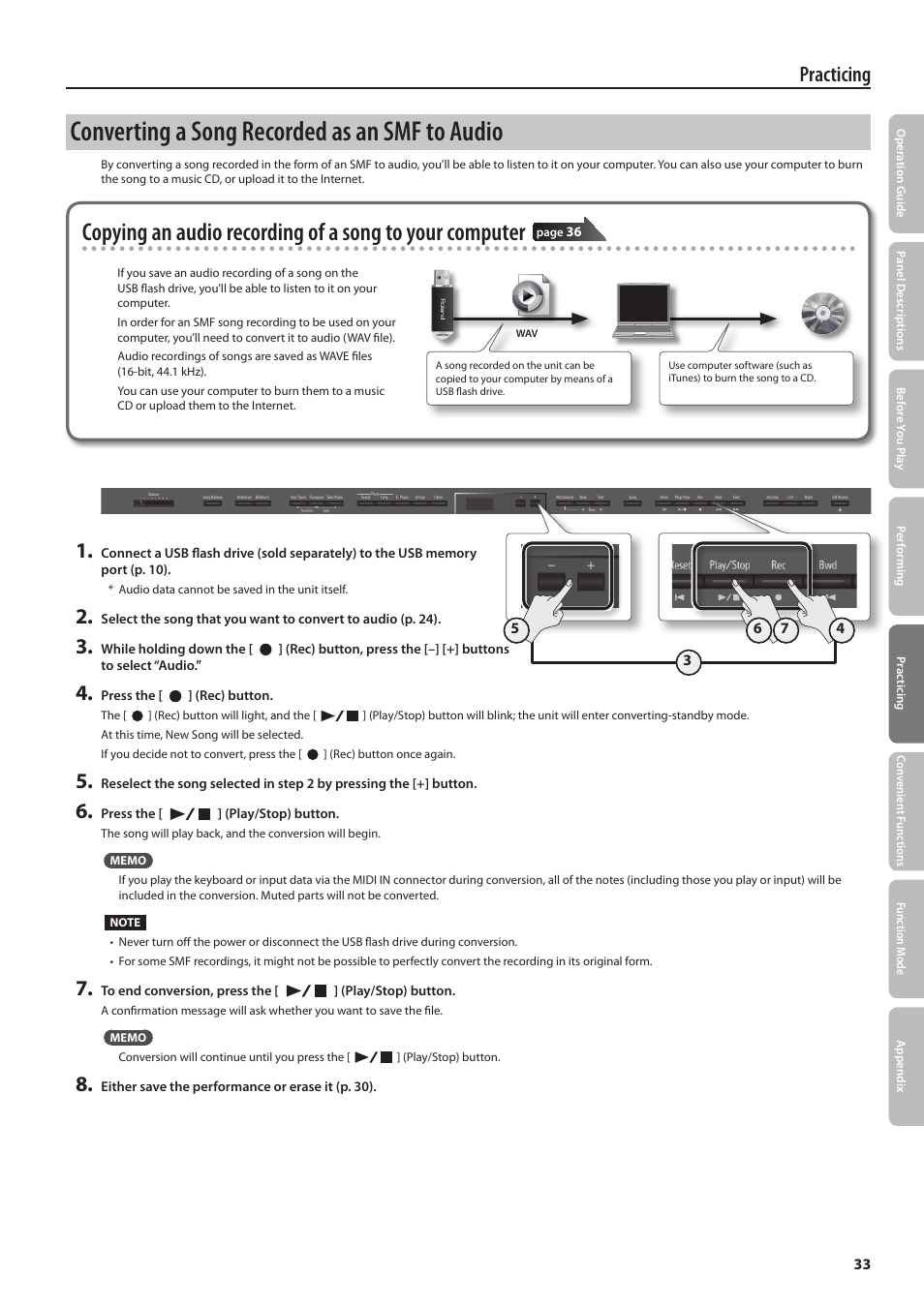 Converting a song recorded as an smf to audio, Practicing | Roland DP90 User Manual | Page 33 / 64