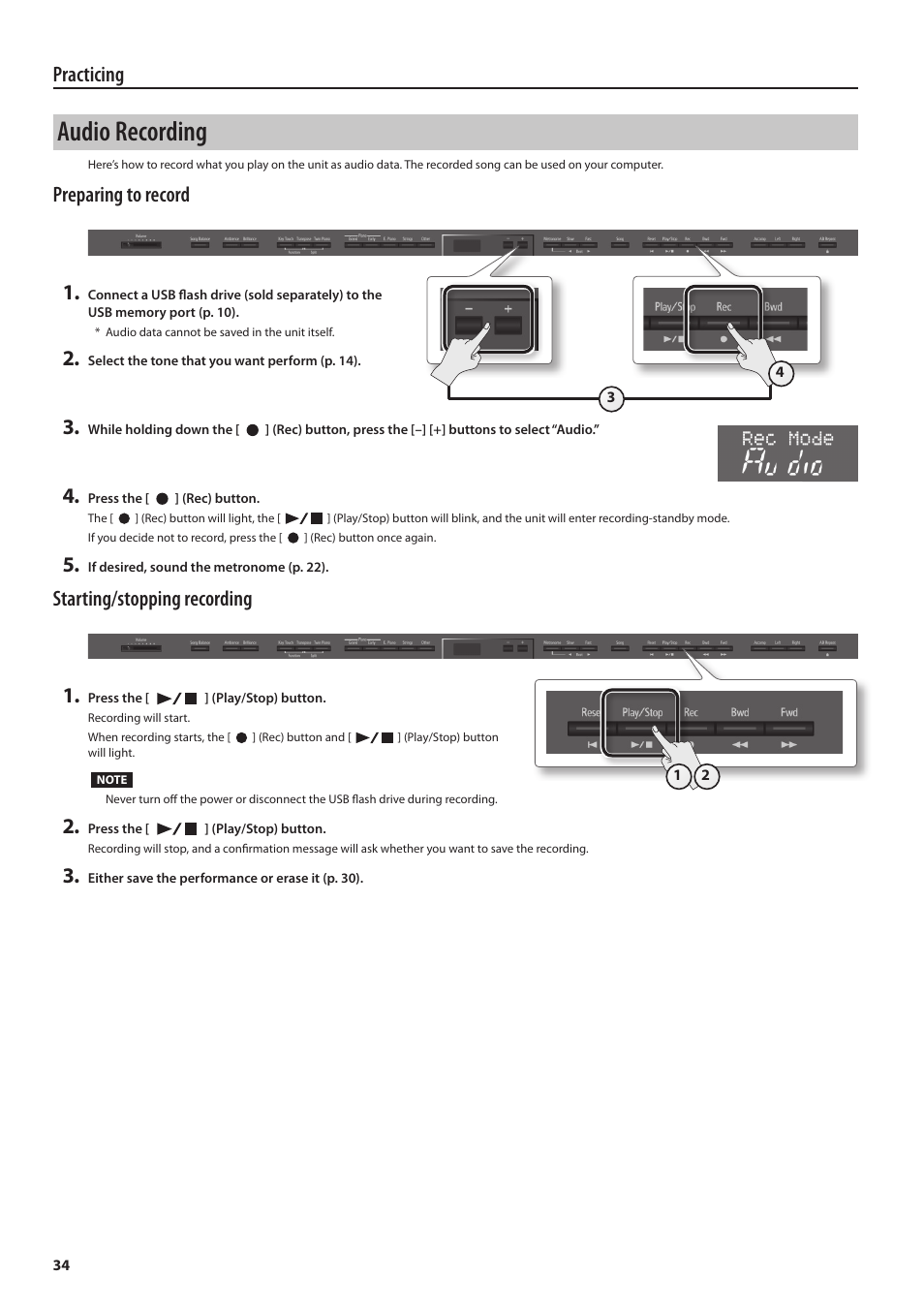 Audio recording, Practicing, Preparing to record 1 | Starting/stopping recording 1 | Roland DP90 User Manual | Page 34 / 64