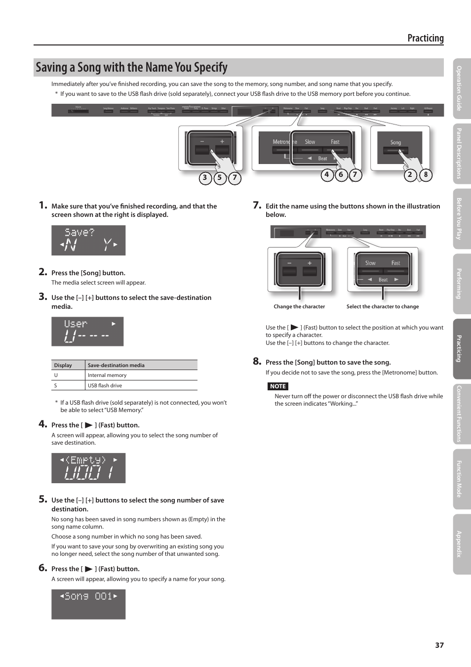 Saving a song with the name you specify, Practicing 1 | Roland DP90 User Manual | Page 37 / 64