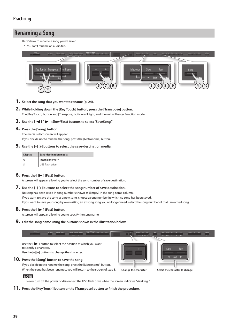 Renaming a song, Practicing | Roland DP90 User Manual | Page 38 / 64