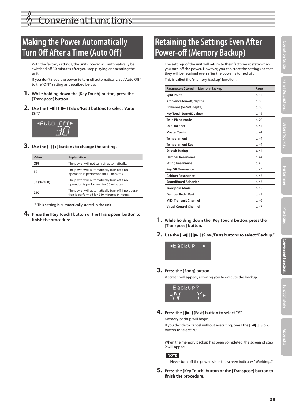 Setting (p. 39), Ibed on “making the power, Ibed in “retaining the settings | Even after power-off (memory backup), P. 39), Convenient functions | Roland DP90 User Manual | Page 39 / 64