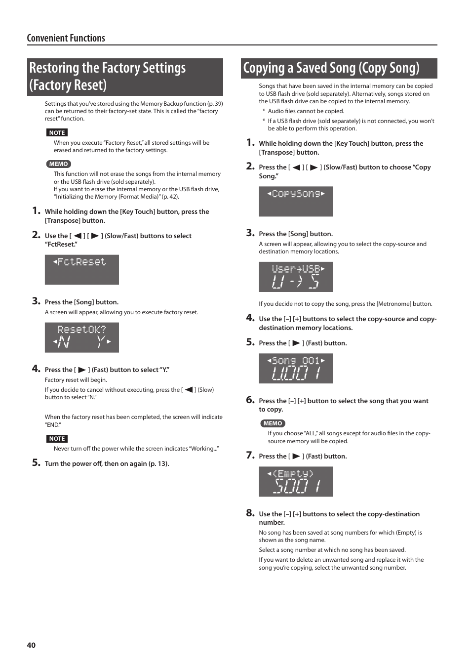 Restoring the factory settings (factory reset), Copying a saved song (copy song), Convenient functions | Roland DP90 User Manual | Page 40 / 64