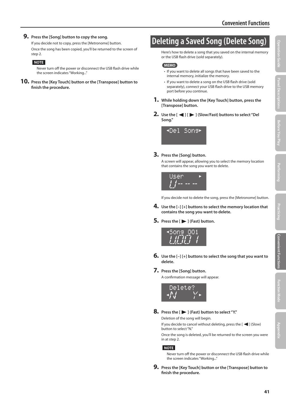Deleting a saved song (delete song), Convenient functions 9 | Roland DP90 User Manual | Page 41 / 64