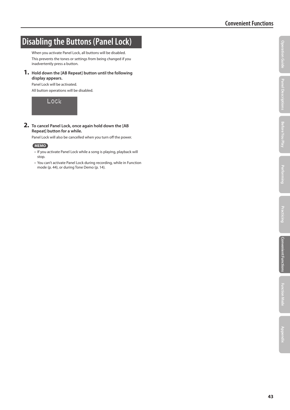 Disabling the buttons (panel lock), Convenient functions | Roland DP90 User Manual | Page 43 / 64