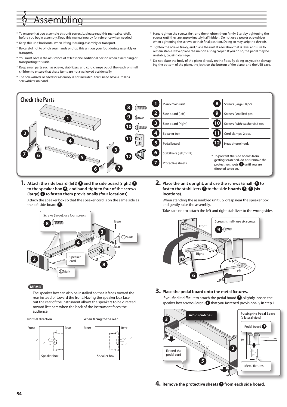 Assembling the dp90/dp90s, Assembling, Check the parts | When moving the unit | Roland DP90 User Manual | Page 54 / 64