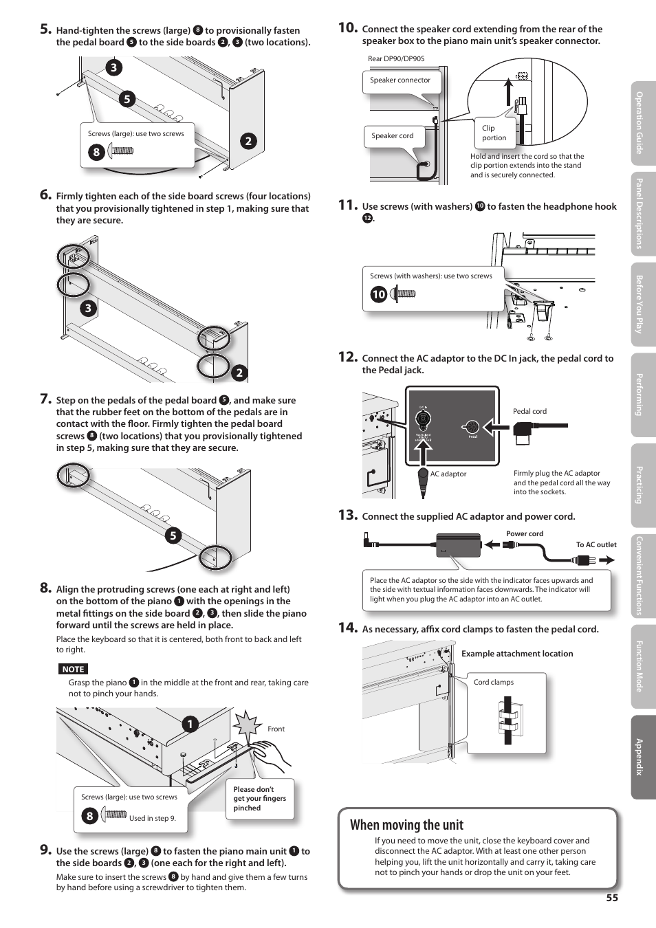 P. 55, Assembling the dp90/dp90s, Check the parts | When moving the unit | Roland DP90 User Manual | Page 55 / 64