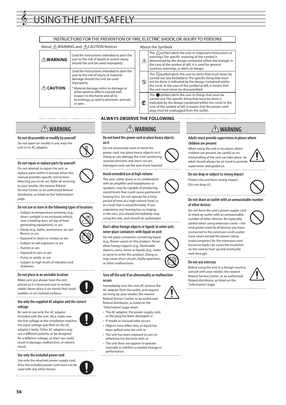 Using the unit safely, Warning | Roland DP90 User Manual | Page 56 / 64