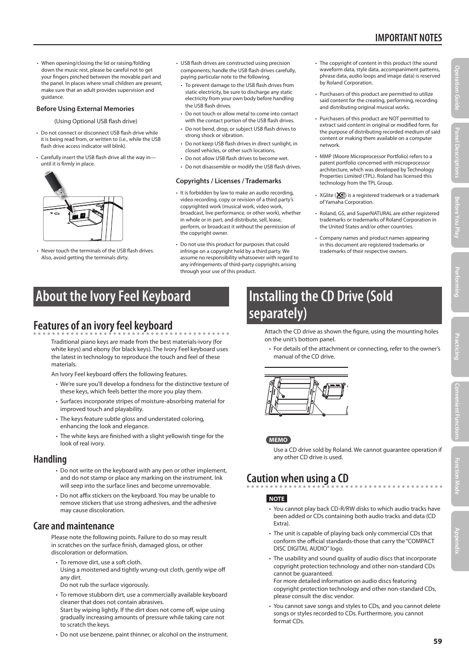 About the ivory feel keyboard, Installing the cd drive (sold separately), Features of an ivory feel keyboard | Caution when using a cd, Handling, Care and maintenance | Roland DP90 User Manual | Page 59 / 64