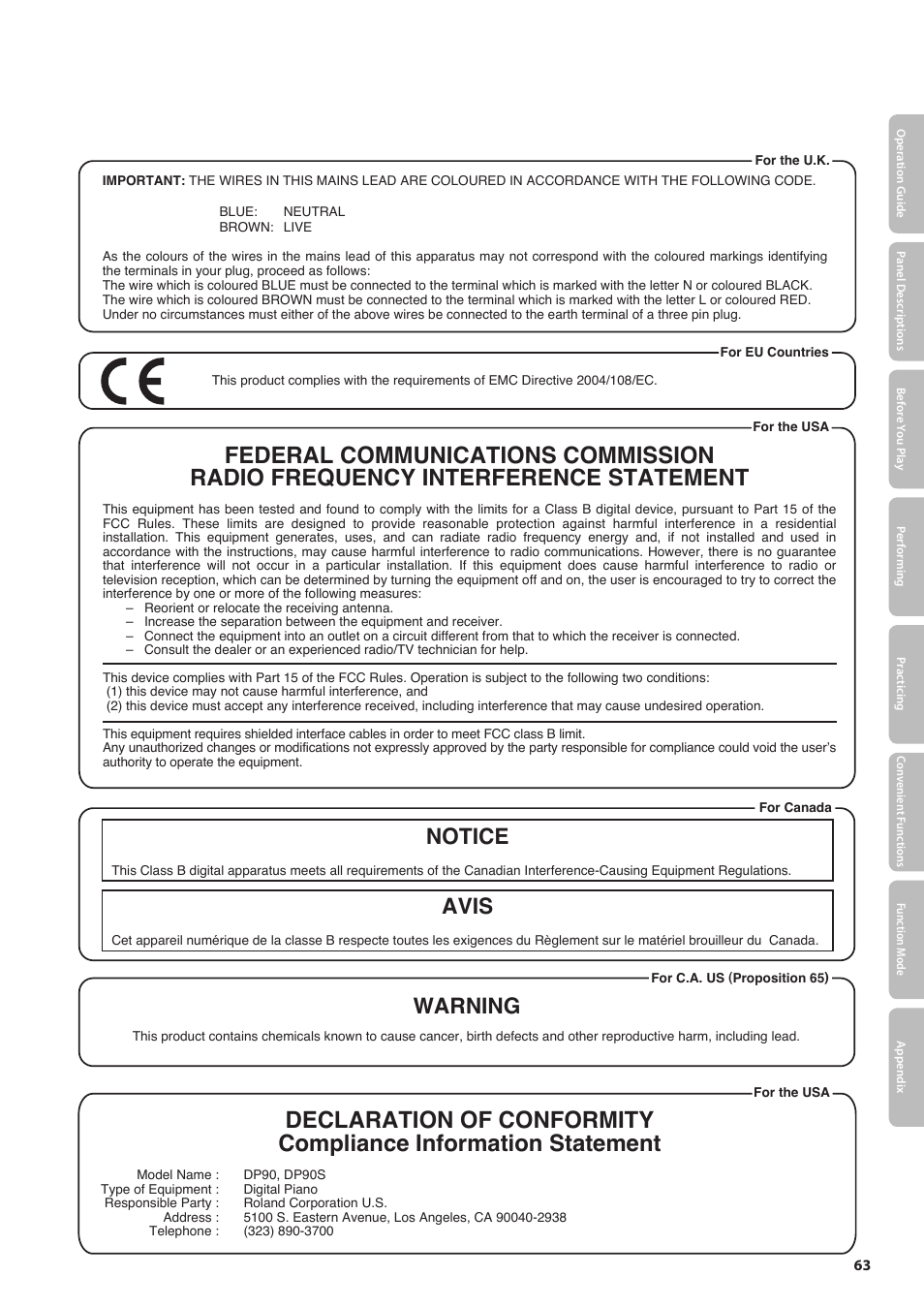 Notice avis, Warning | Roland DP90 User Manual | Page 63 / 64