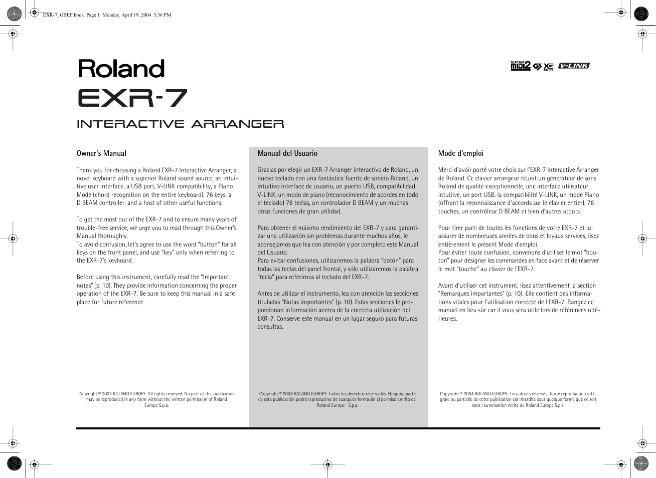 Roland EXR-7 User Manual | 152 pages