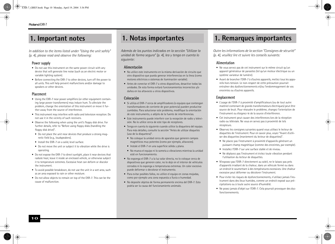 Notas importantes, Remarques importantes | Roland EXR-7 User Manual | Page 10 / 152