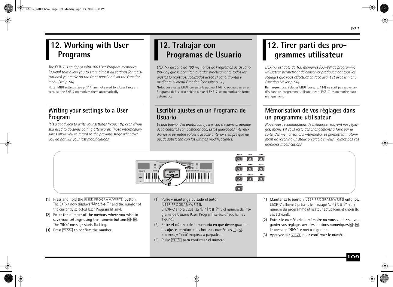 Working with user programs, Trabajar con programas de usuario, Tirer parti des pro- grammes utilisateur | Writing your settings to a user program, Escribir ajustes en un programa de usuario | Roland EXR-7 User Manual | Page 109 / 152