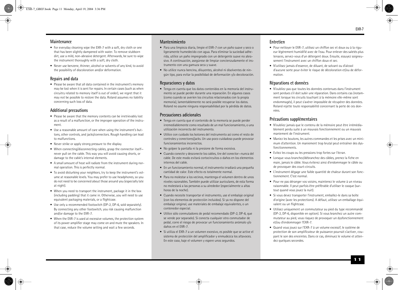 Roland EXR-7 User Manual | Page 11 / 152