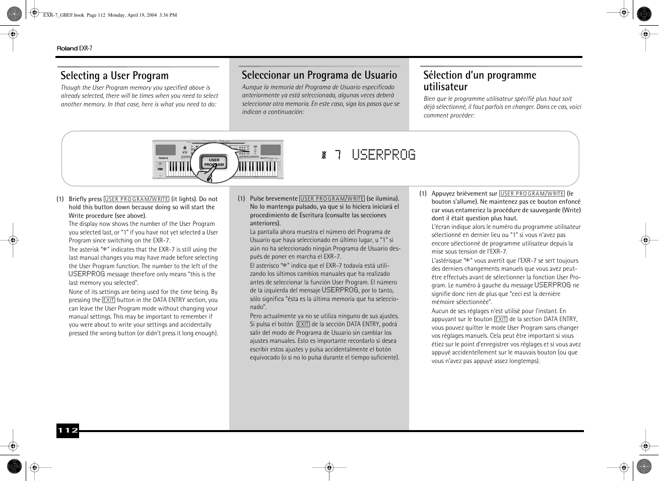 Userprog, Selecting a user program, Seleccionar un programa de usuario | Sélection d’un programme utilisateur | Roland EXR-7 User Manual | Page 112 / 152