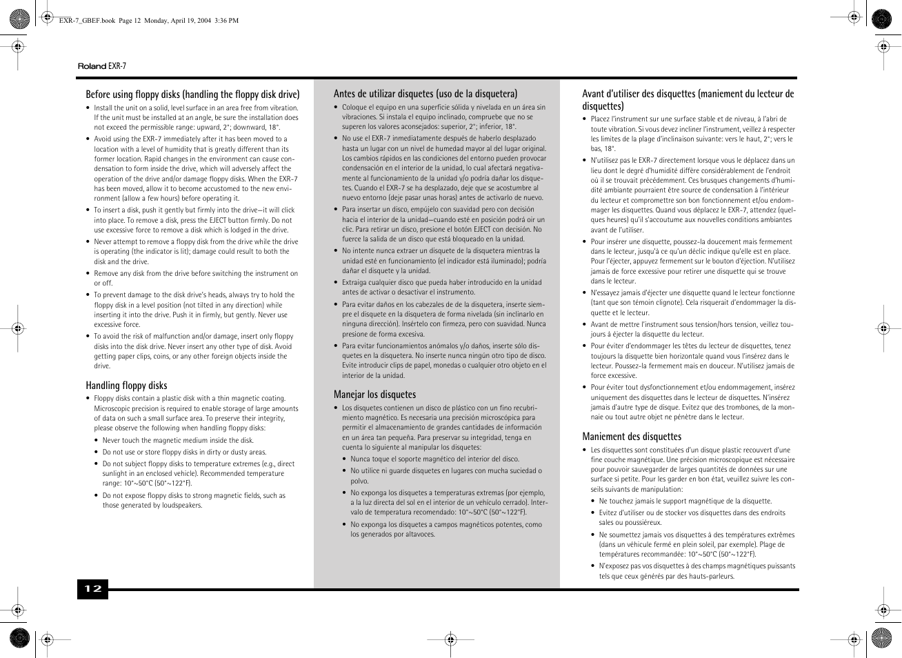 Handling floppy disks, Antes de utilizar disquetes (uso de la disquetera), Manejar los disquetes | Maniement des disquettes | Roland EXR-7 User Manual | Page 12 / 152