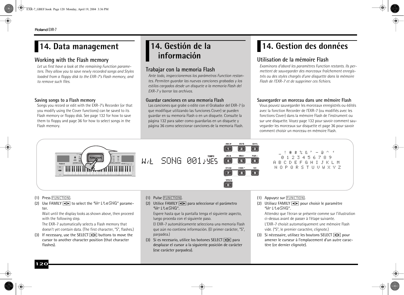 Data management, Gestión de la información, Gestion des données | Song 001 | Roland EXR-7 User Manual | Page 120 / 152