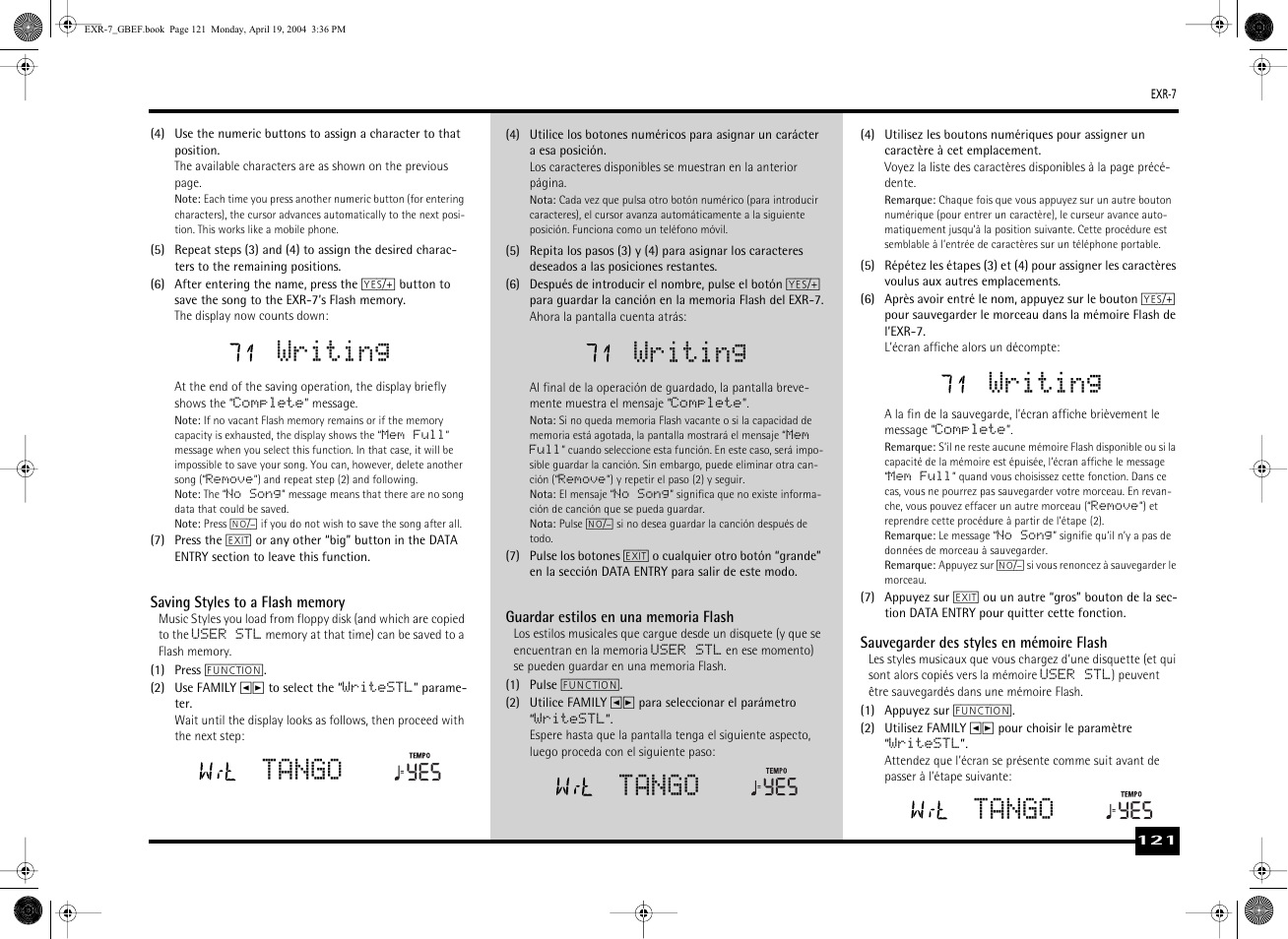 Writing, Tango | Roland EXR-7 User Manual | Page 121 / 152