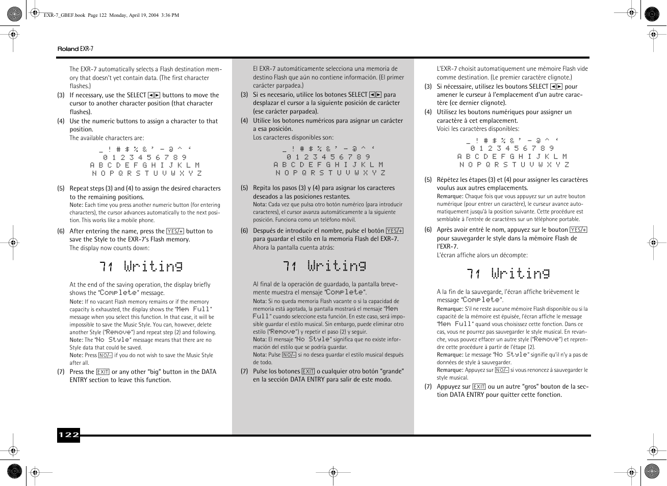 Writing | Roland EXR-7 User Manual | Page 122 / 152