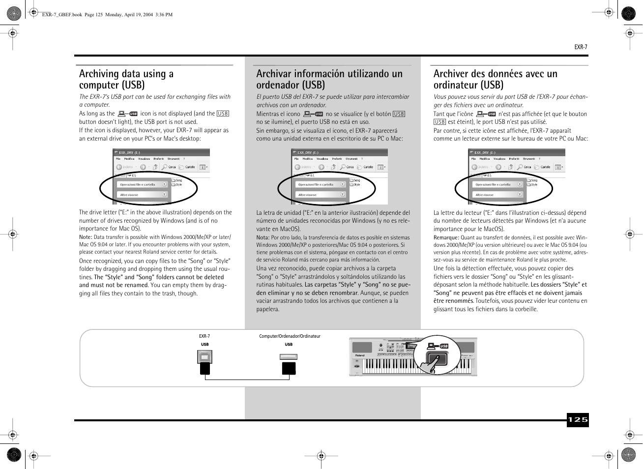 Archiving data using a computer (usb), Archivar información utilizando un ordenador (usb), Archiver des données avec un ordinateur (usb) | Roland EXR-7 User Manual | Page 125 / 152