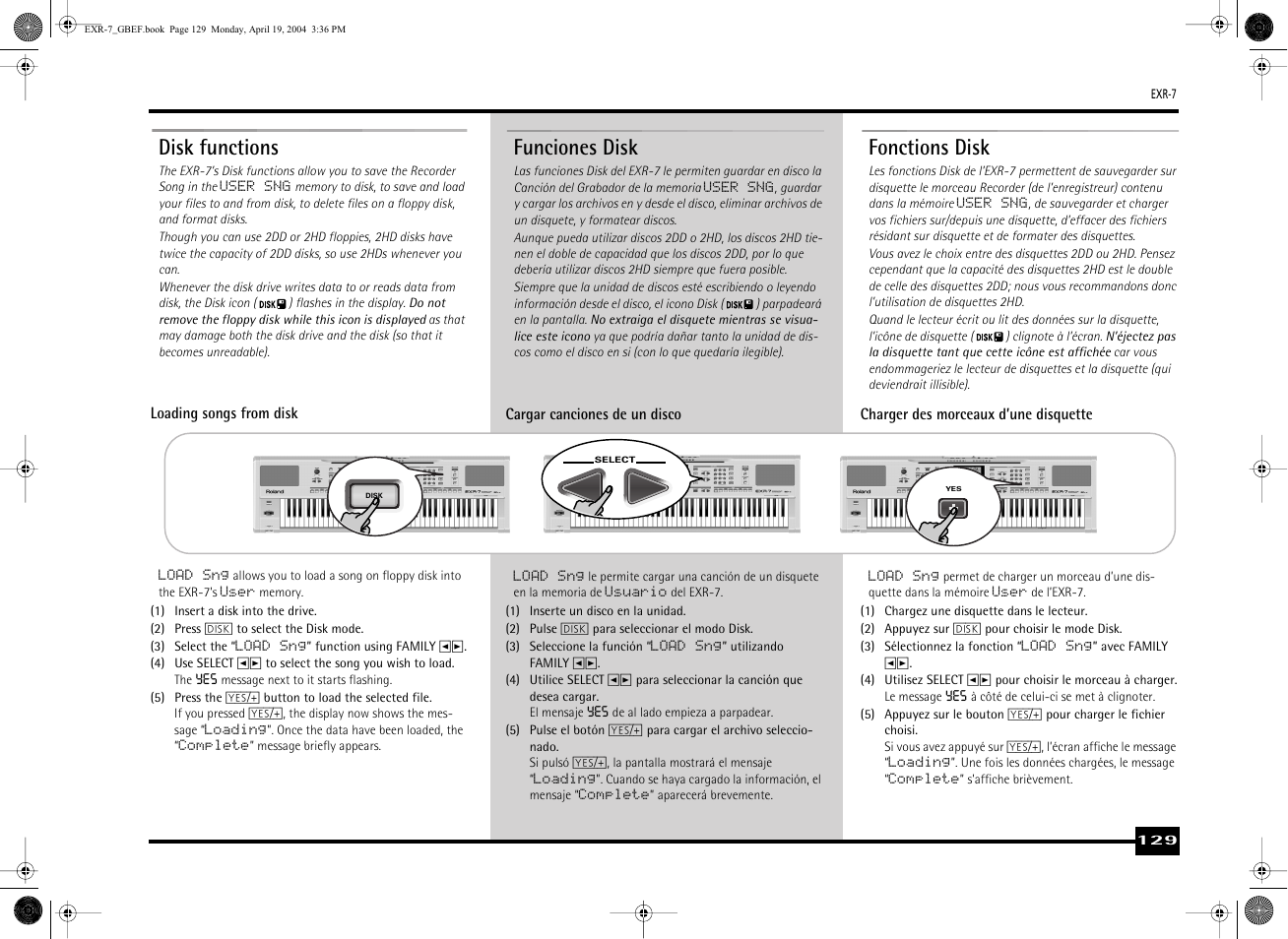 Disk functions, Funciones disk, Fonctions disk | Roland EXR-7 User Manual | Page 129 / 152