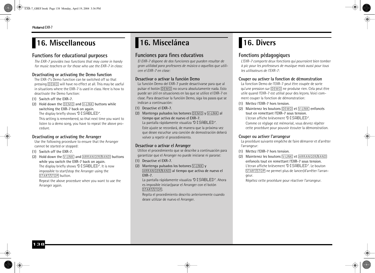 Miscellaneous, Miscelánea, Divers | Roland EXR-7 User Manual | Page 138 / 152