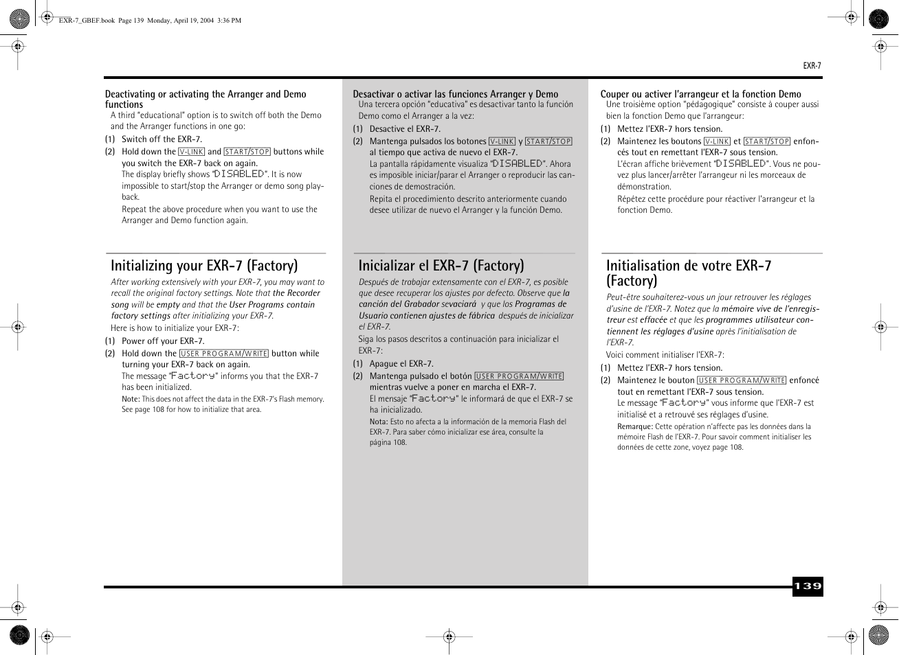 Initializing your exr-7 (factory), Inicializar el exr-7 (factory), Initialisation de votre exr-7 (factory) | Roland EXR-7 User Manual | Page 139 / 152