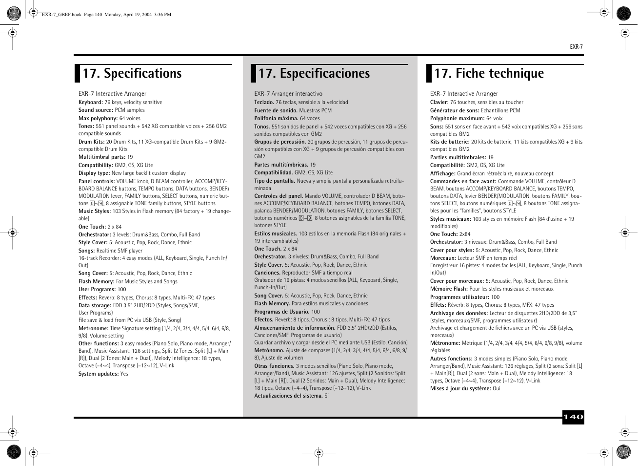 Specifications, Especificaciones, Fiche technique | Roland EXR-7 User Manual | Page 140 / 152