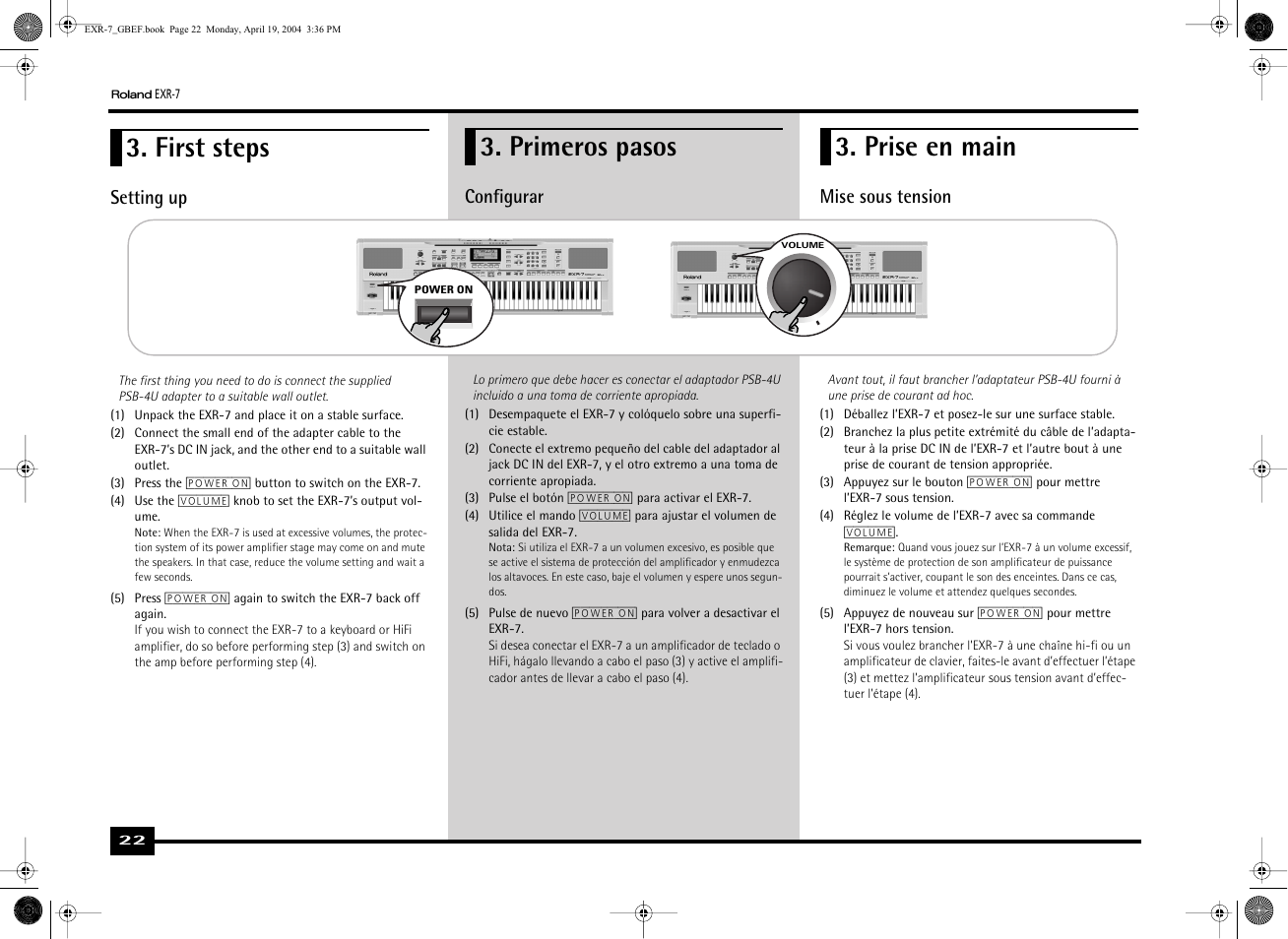 First steps, Primeros pasos, Prise en main | Setting up, Configurar, Mise sous tension | Roland EXR-7 User Manual | Page 22 / 152