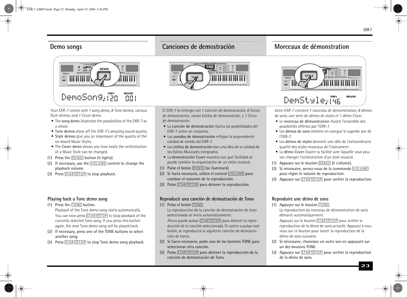 Demosong, Demstyle, Demo songs | Canciones de demostración, Morceaux de démonstration | Roland EXR-7 User Manual | Page 23 / 152