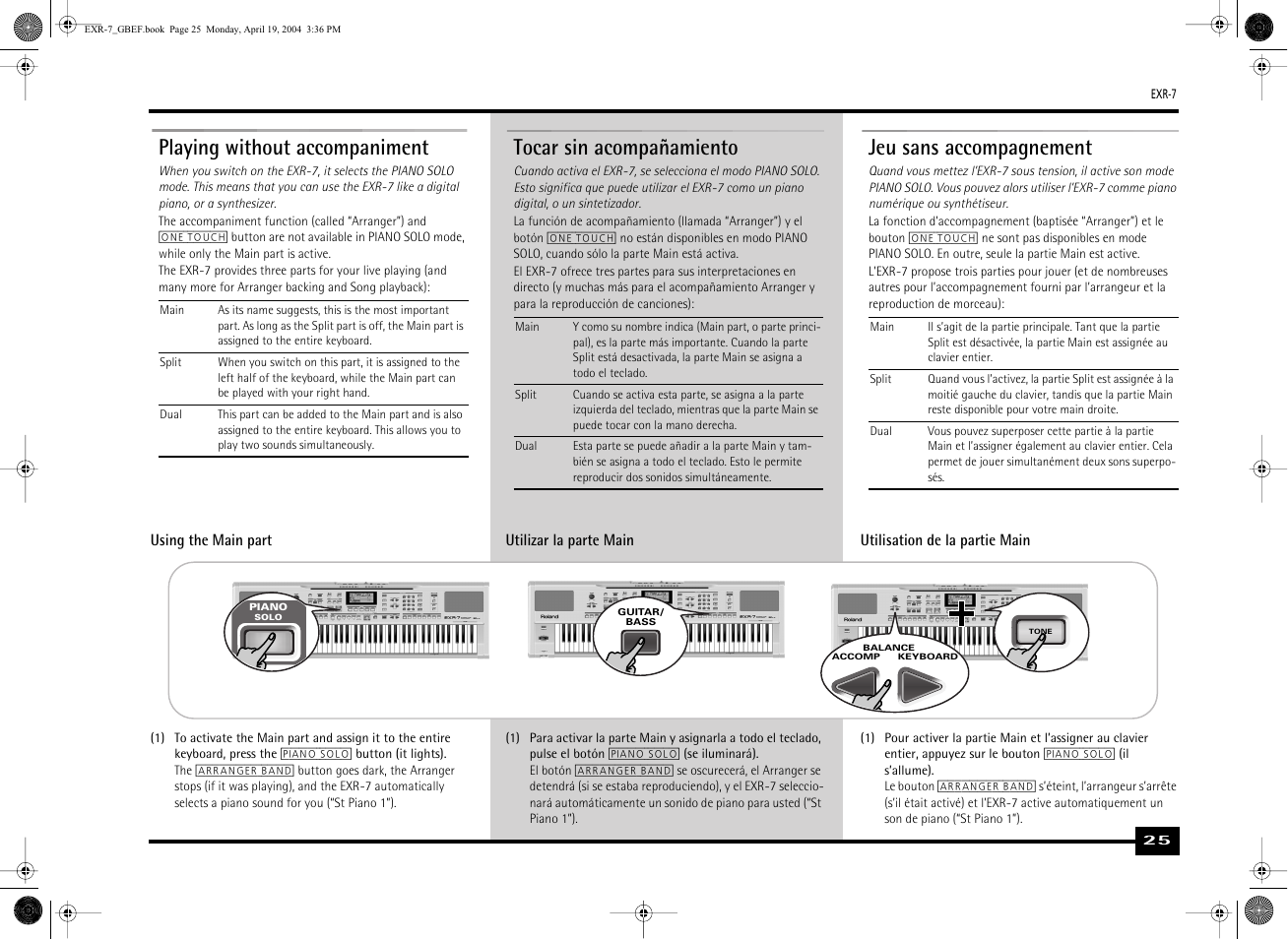 Playing without accompaniment, Tocar sin acompañamiento, Jeu sans accompagnement | Roland EXR-7 User Manual | Page 25 / 152
