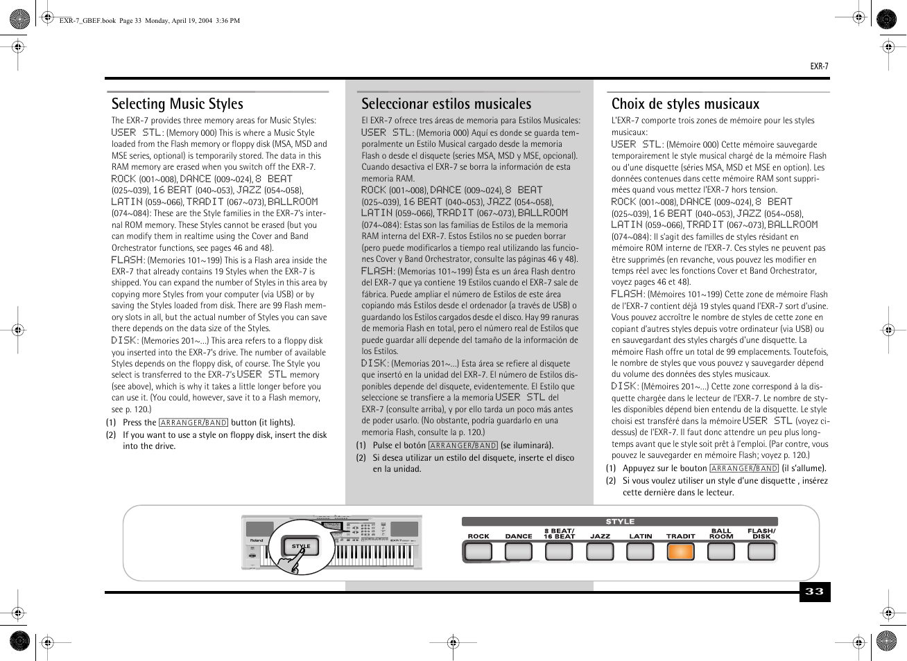 Seleccionar estilos musicales, Choix de styles musicaux, Selecting music styles | Roland EXR-7 User Manual | Page 33 / 152
