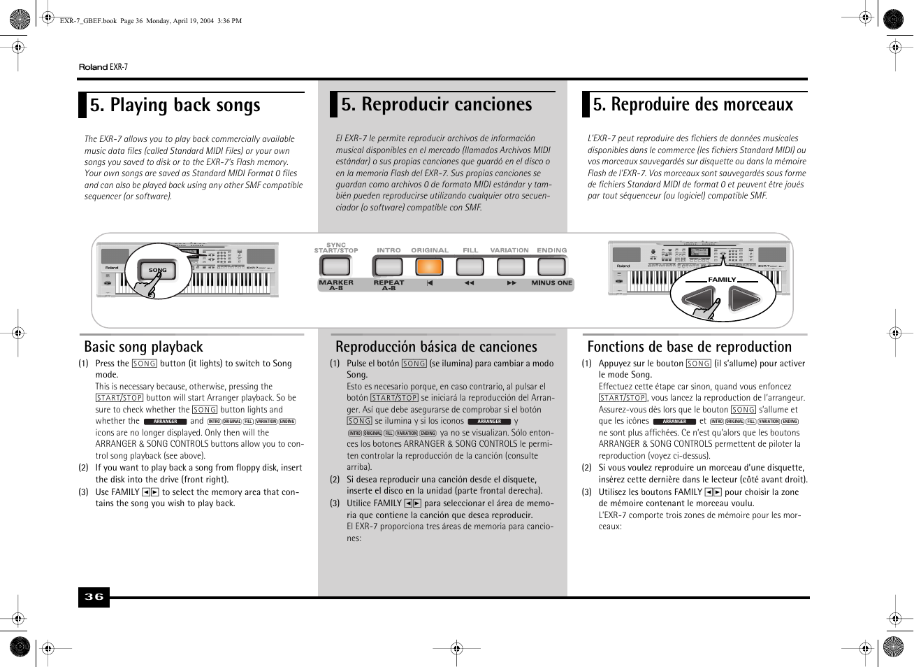Playing back songs, Reproducir canciones, Reproduire des morceaux | Basic song playback, Reproducción básica de canciones, Fonctions de base de reproduction | Roland EXR-7 User Manual | Page 36 / 152
