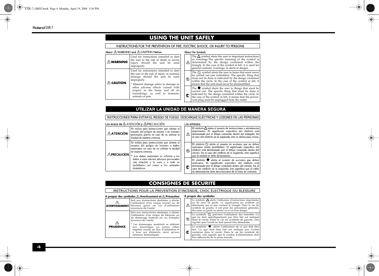 Consignes de securité | Roland EXR-7 User Manual | Page 4 / 152