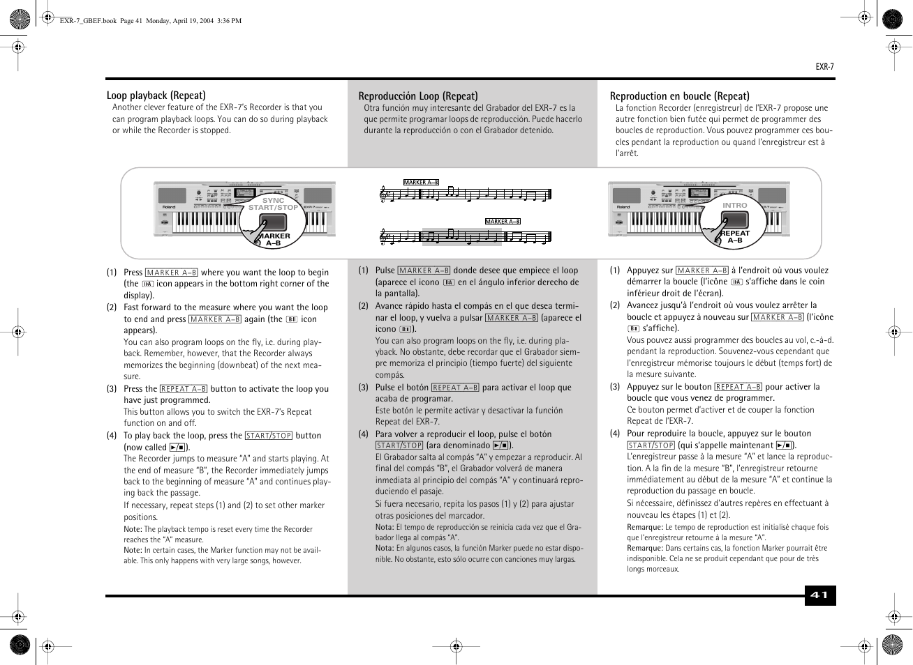 Loop playback (repeat), Reproducción loop (repeat), Reproduction en boucle (repeat) | Roland EXR-7 User Manual | Page 41 / 152