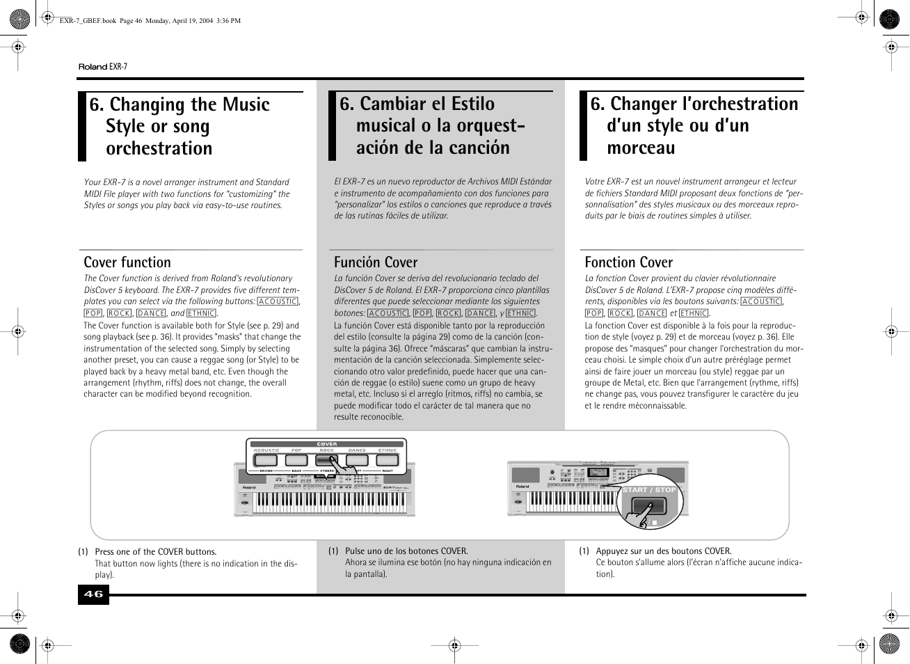 Changing the music style or song orchestration, Changer l’orchestration d’un style ou d’un morceau, Cover function | Función cover, Fonction cover | Roland EXR-7 User Manual | Page 46 / 152