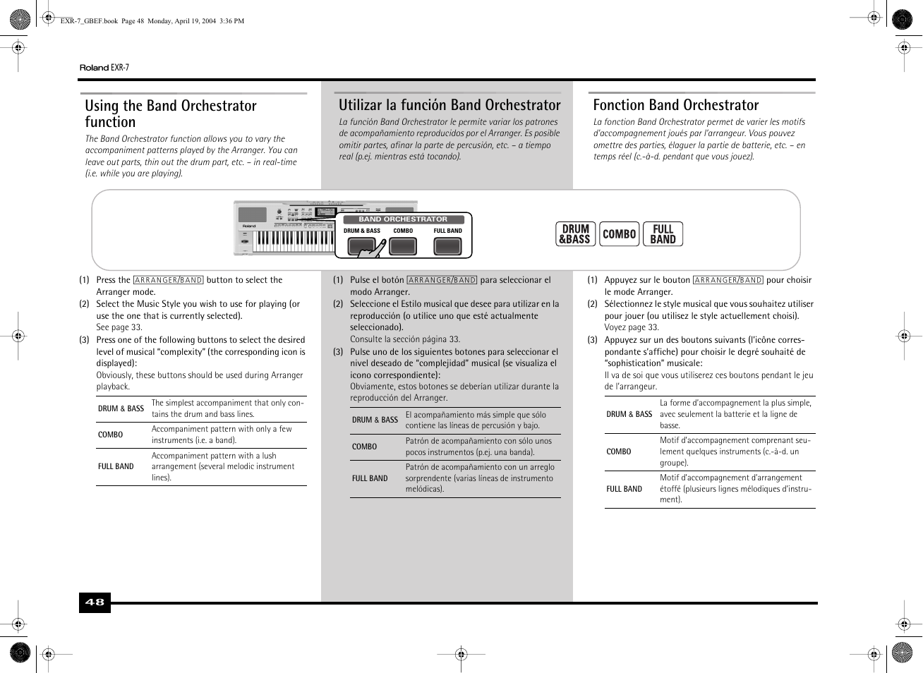 Using the band orchestrator function, Fonction band orchestrator, Utilizar la función band orchestrator | Roland EXR-7 User Manual | Page 48 / 152