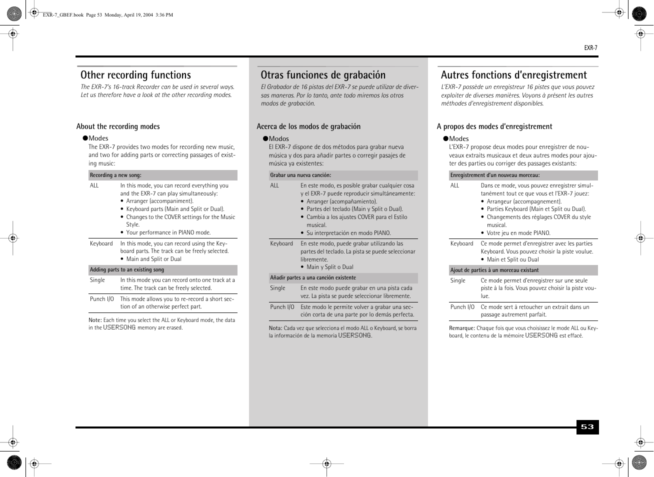 Other recording functions, Autres fonctions d’enregistrement, Otras funciones de grabación | Roland EXR-7 User Manual | Page 53 / 152