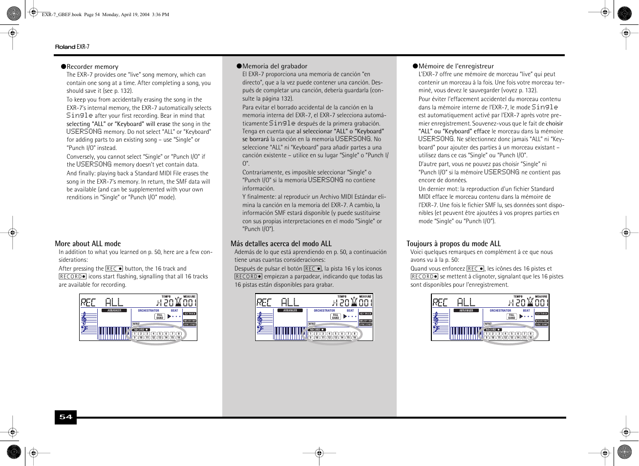More about all mode, Más detalles acerca del modo all, Toujours à propos du mode all | Mémoire de l’enregistreur | Roland EXR-7 User Manual | Page 54 / 152