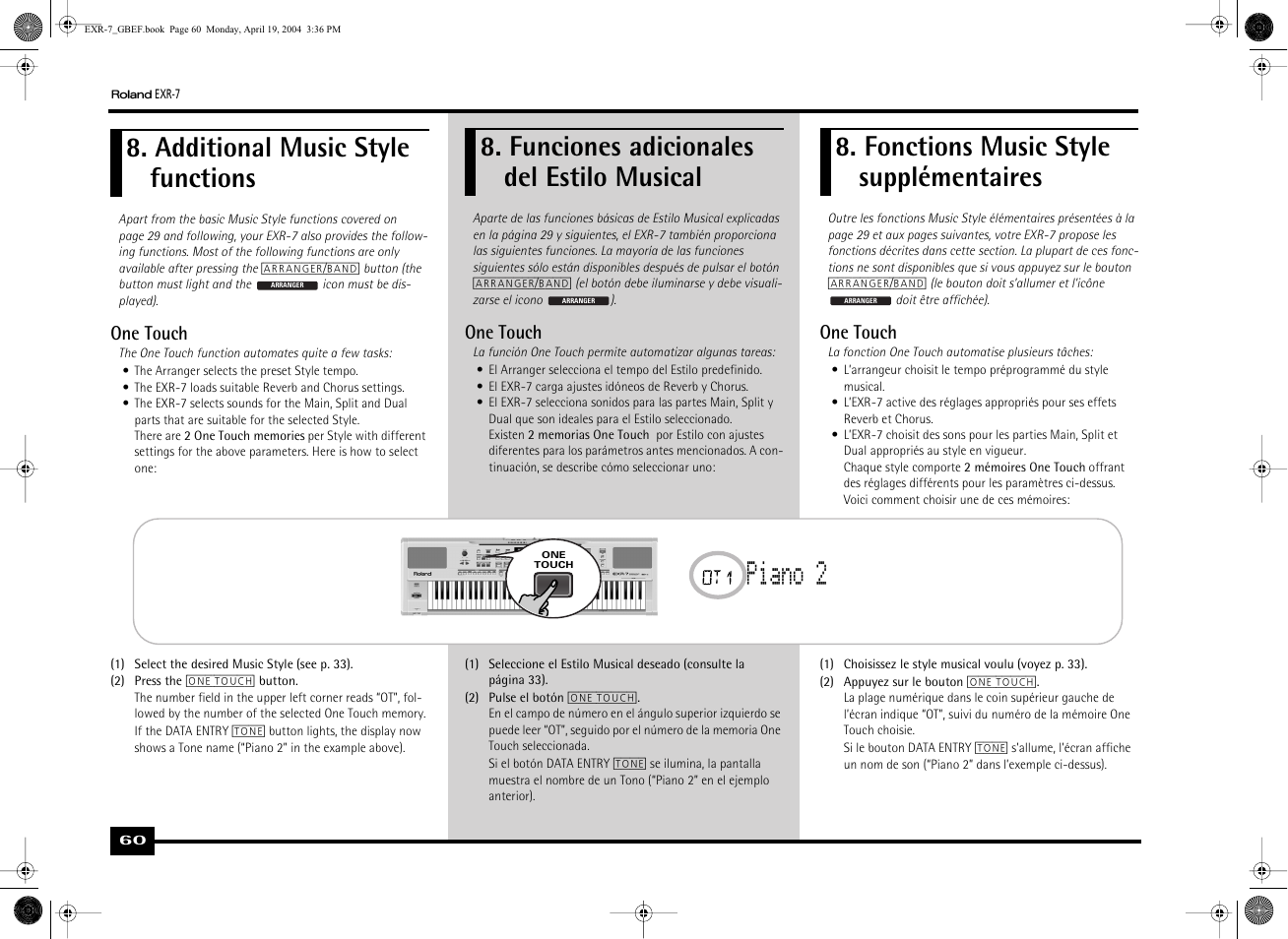 Piano 2, Additional music style functions, Funciones adicionales del estilo musical | Fonctions music style supplémentaires | Roland EXR-7 User Manual | Page 60 / 152