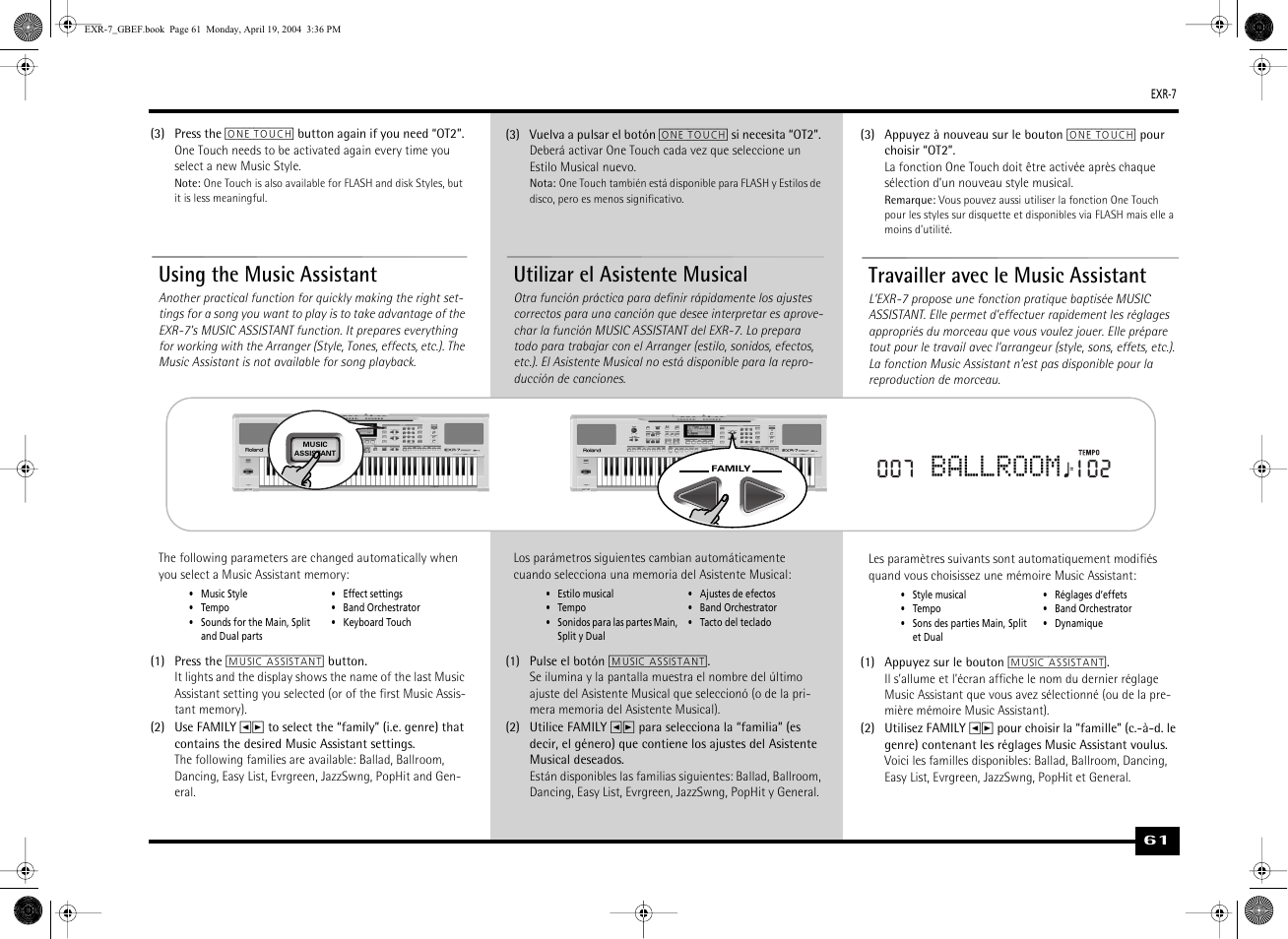 Ballroom, Using the music assistant, Travailler avec le music assistant | Utilizar el asistente musical | Roland EXR-7 User Manual | Page 61 / 152