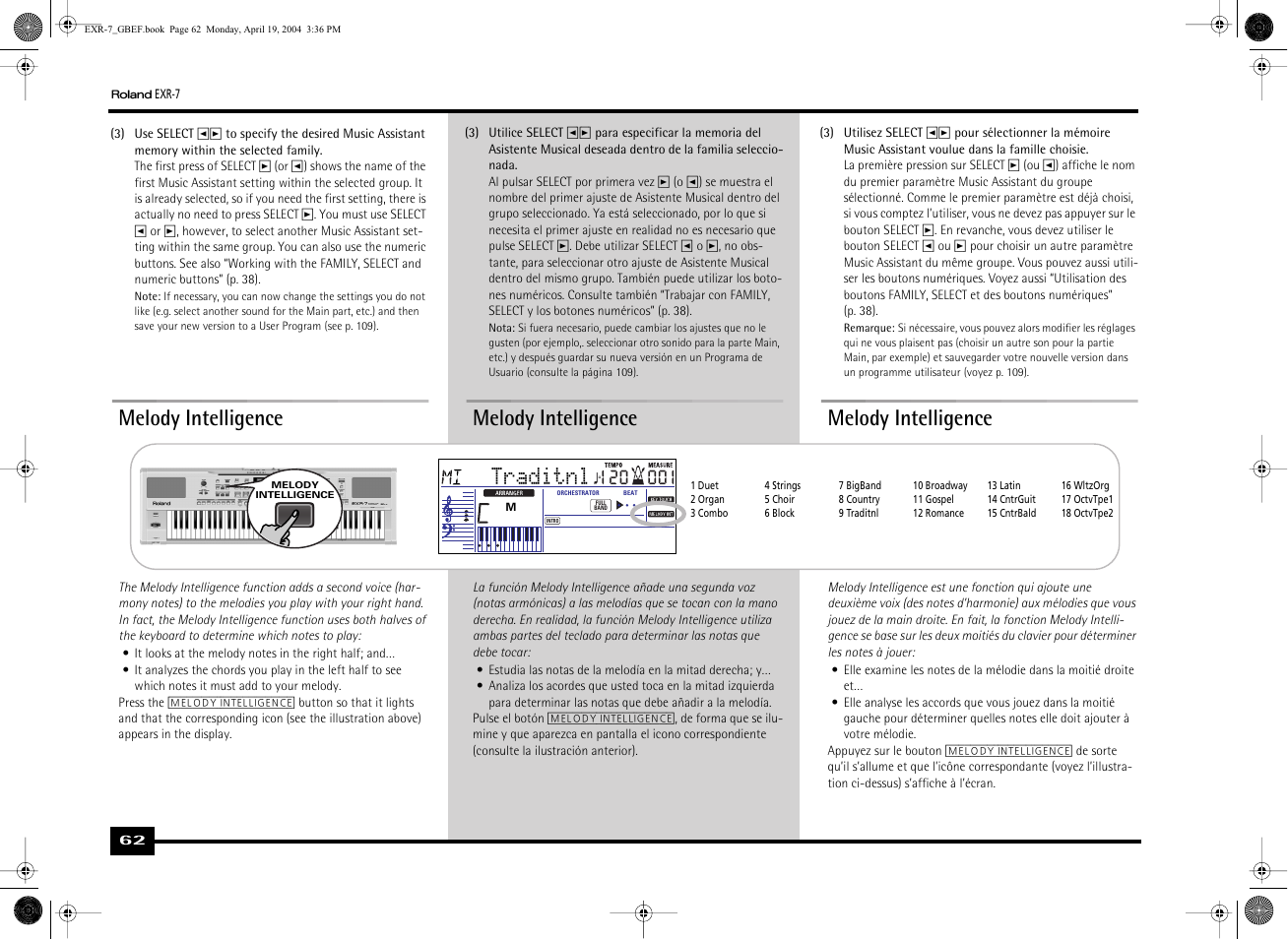 Melody intelligence, Traditnl | Roland EXR-7 User Manual | Page 62 / 152