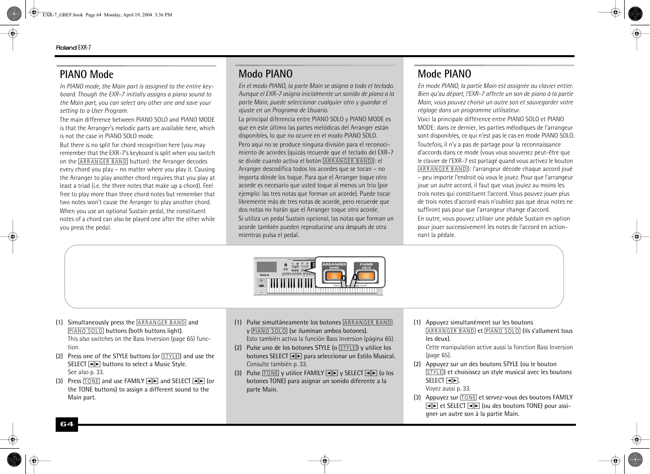 Piano mode, Mode piano, Modo piano | Roland EXR-7 User Manual | Page 64 / 152