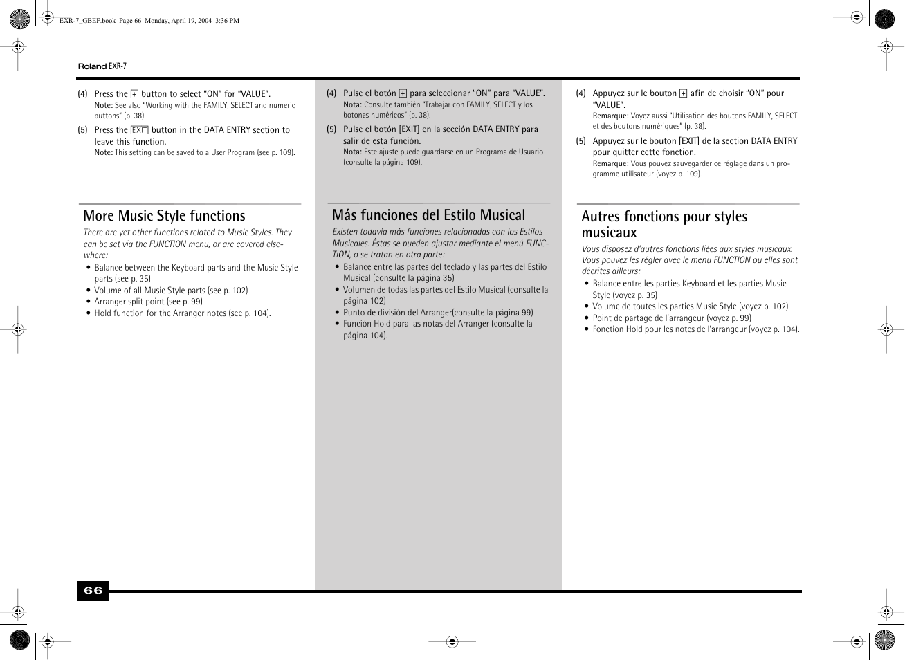 More music style functions, Más funciones del estilo musical, Autres fonctions pour styles musicaux | Roland EXR-7 User Manual | Page 66 / 152
