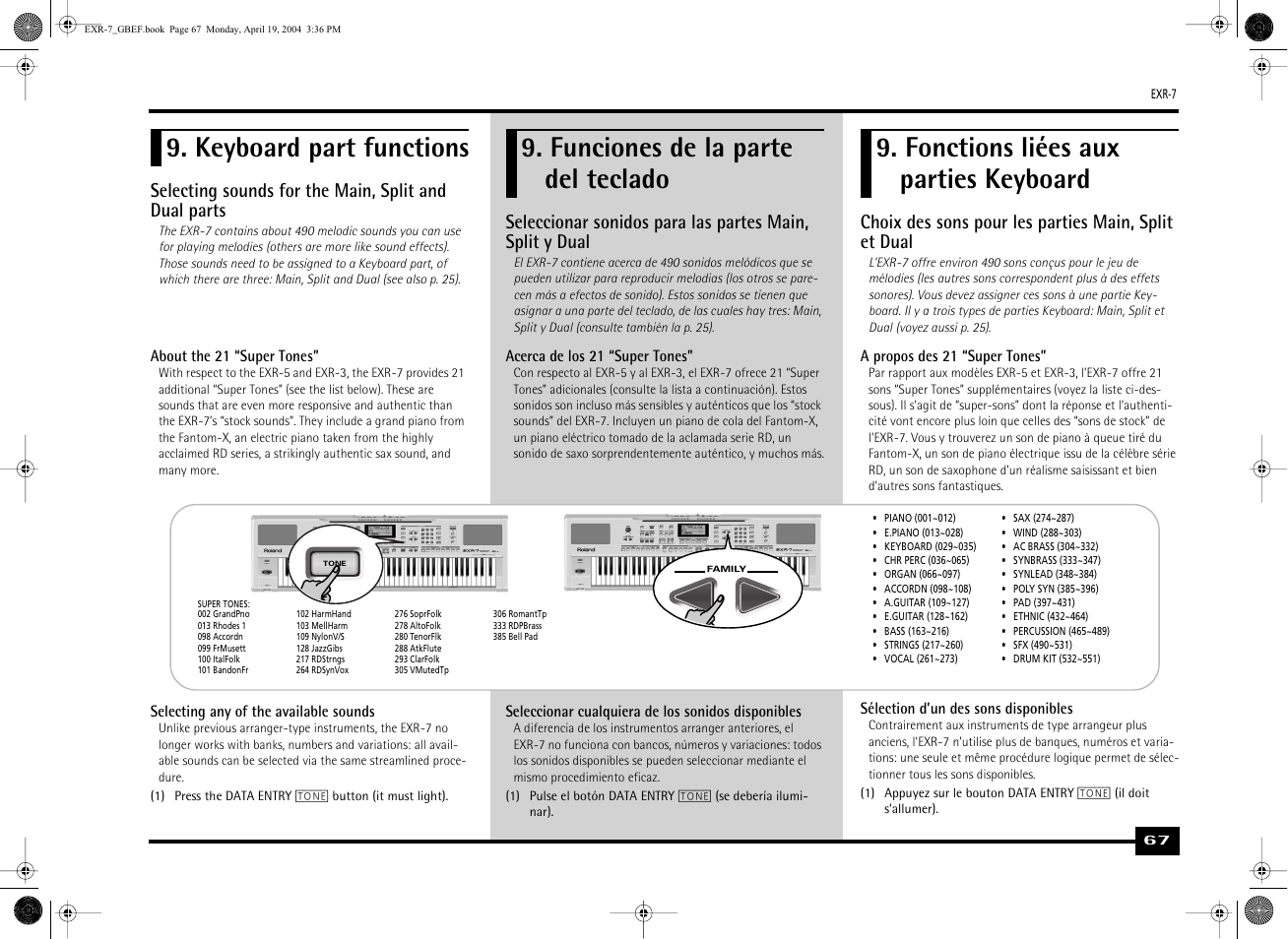 Keyboard part functions, Fonctions liées aux parties keyboard, Funciones de la parte del teclado | Roland EXR-7 User Manual | Page 67 / 152