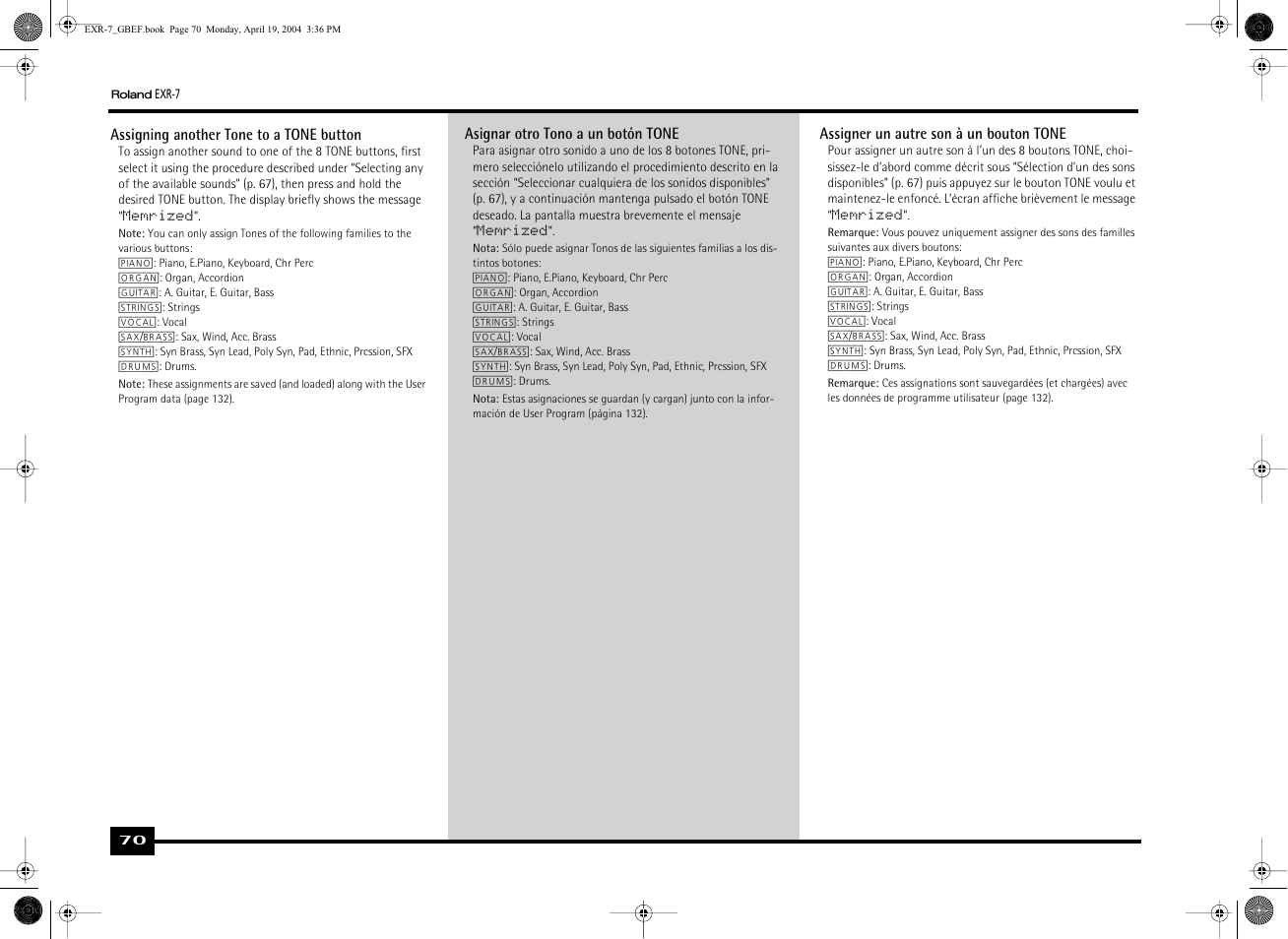 Roland EXR-7 User Manual | Page 70 / 152