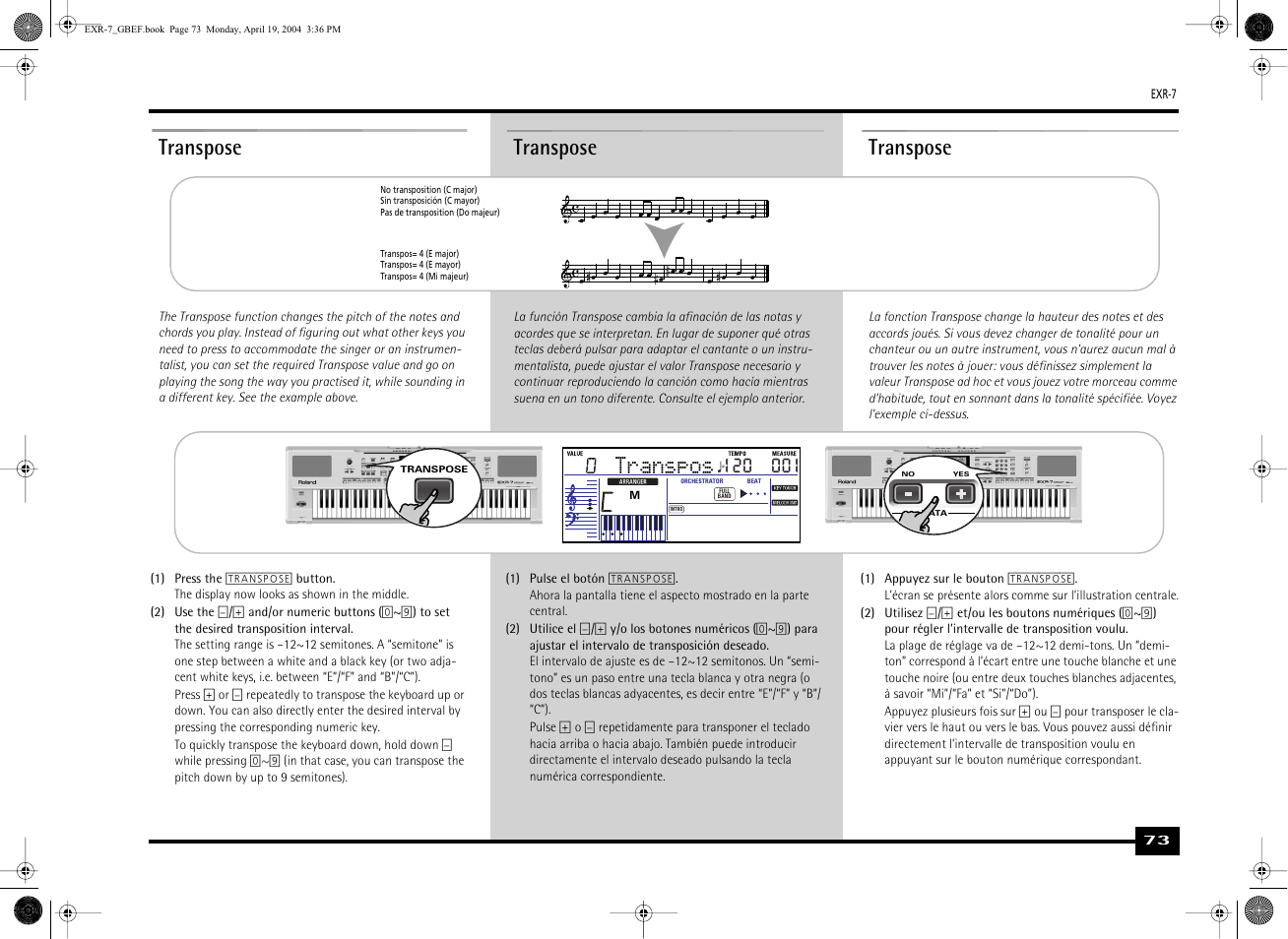 Transpose, Transpos | Roland EXR-7 User Manual | Page 73 / 152