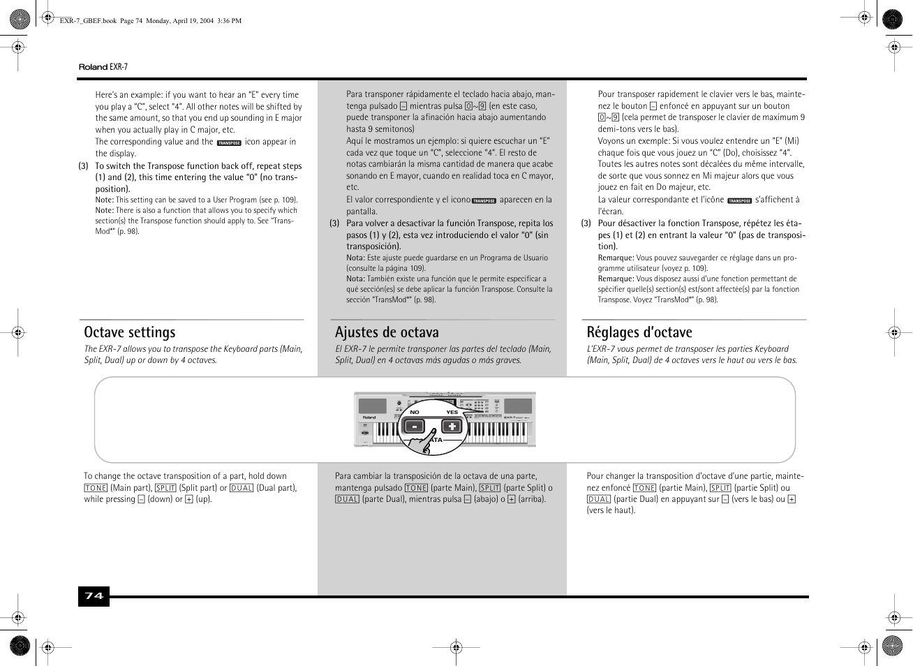Octave settings, Réglages d’octave, Ajustes de octava | Roland EXR-7 User Manual | Page 74 / 152