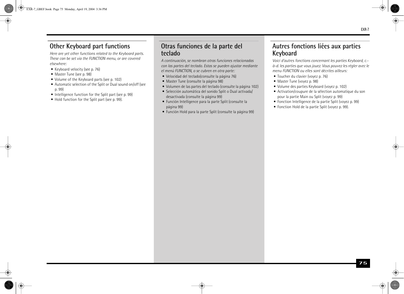 Other keyboard part functions, Otras funciones de la parte del teclado, Autres fonctions liées aux parties keyboard | Roland EXR-7 User Manual | Page 75 / 152