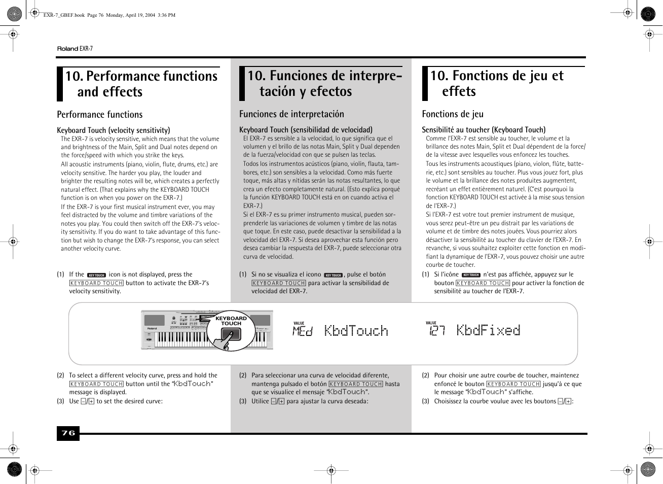 Performance functions and effects, Funciones de interpre- tación y efectos, Fonctions de jeu et effets | Kbdfixed, Kbdtouch | Roland EXR-7 User Manual | Page 76 / 152